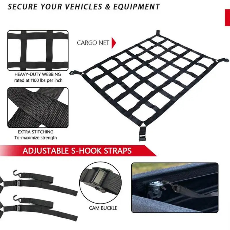 Car Trunk Rooftop Net Mesh Cargo Net Heavy Cargo Net Truck Trailer Dumpster Extend Mesh Covers Luggage Nets with 4 Fixed Belt
