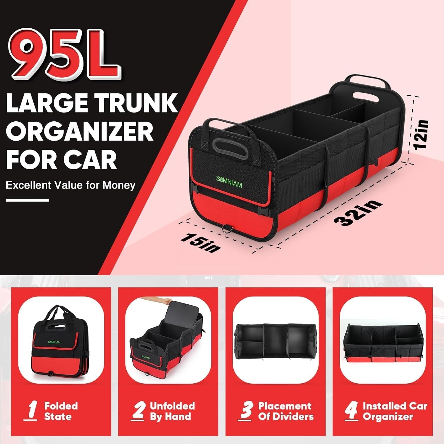 Large Trunk Organizer for Car, Collapsible Multi Compartment Car Trunk Organizer