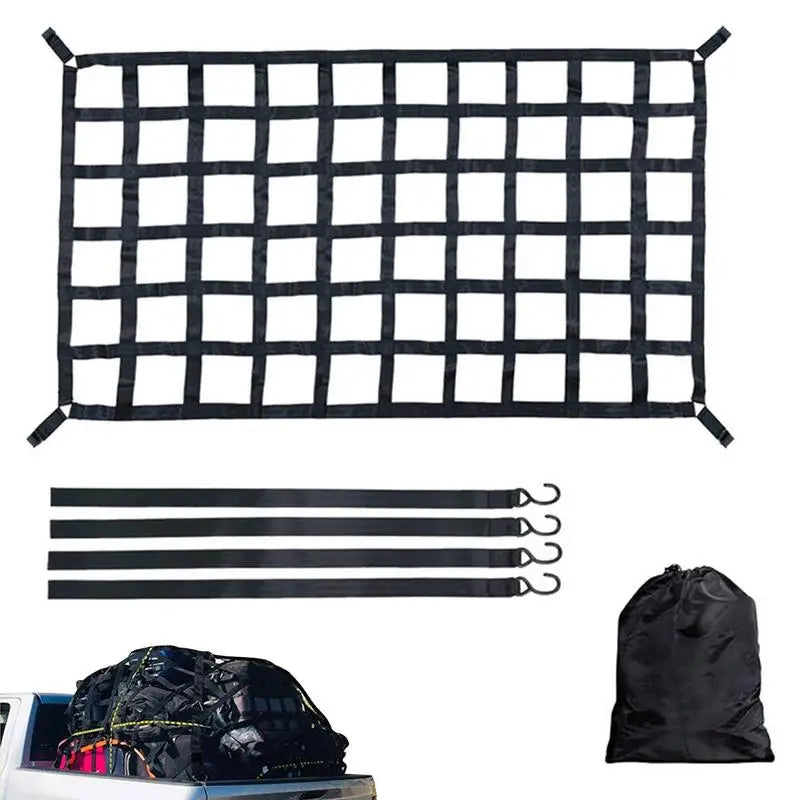 Car Trunk Rooftop Net Mesh Cargo Net Heavy Cargo Net Truck Trailer Dumpster Extend Mesh Covers Luggage Nets with 4 Fixed Belt