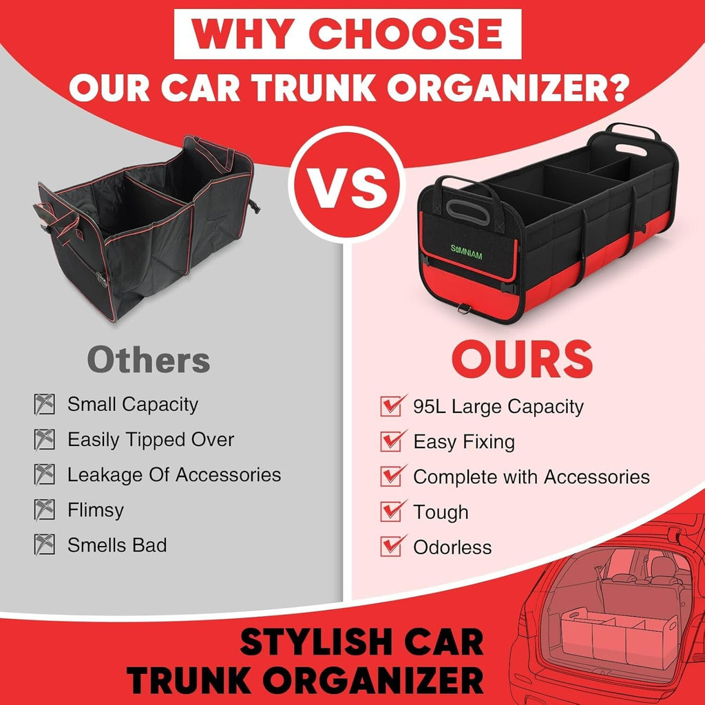 Large Trunk Organizer for Car, Collapsible Multi Compartment Car Trunk Organizer