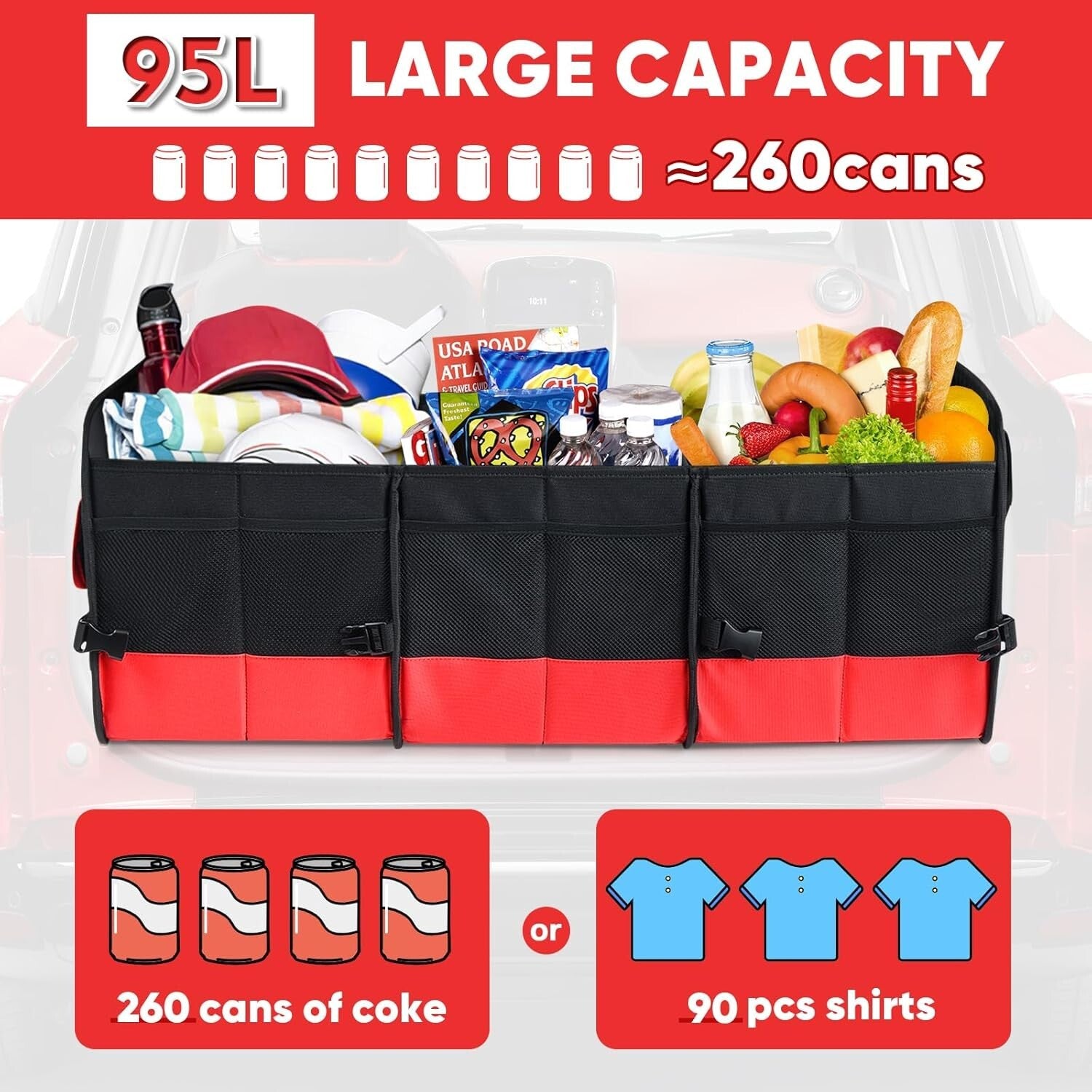 Large Trunk Organizer for Car, Collapsible Multi Compartment Car Trunk Organizer