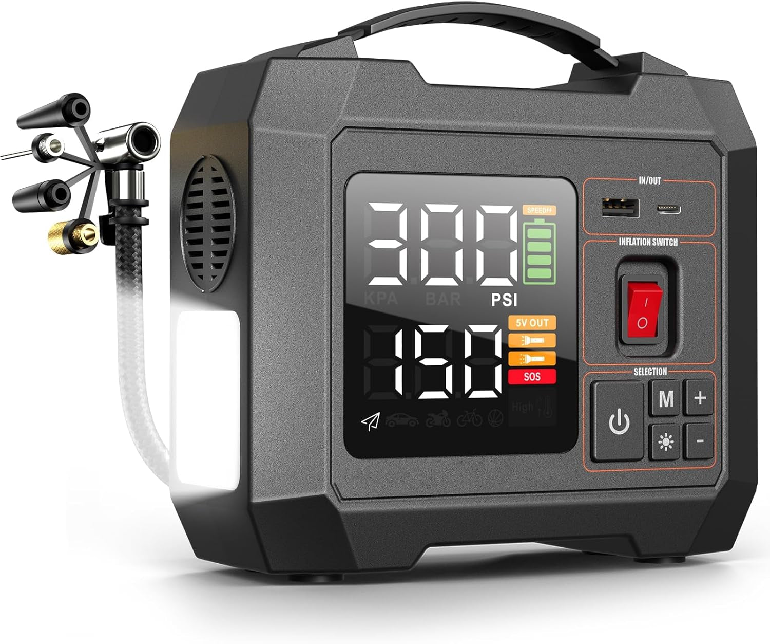 Portable Heavy-Duty Tire Inflator for Pickup Truck,Rv, 300PSI Air Compressor, 9X Faster Inflator with 3.7 Inch Digital Gauge. 5 Safety Protections and Cooling System for Truck, SUV, Cars (Dark Black)