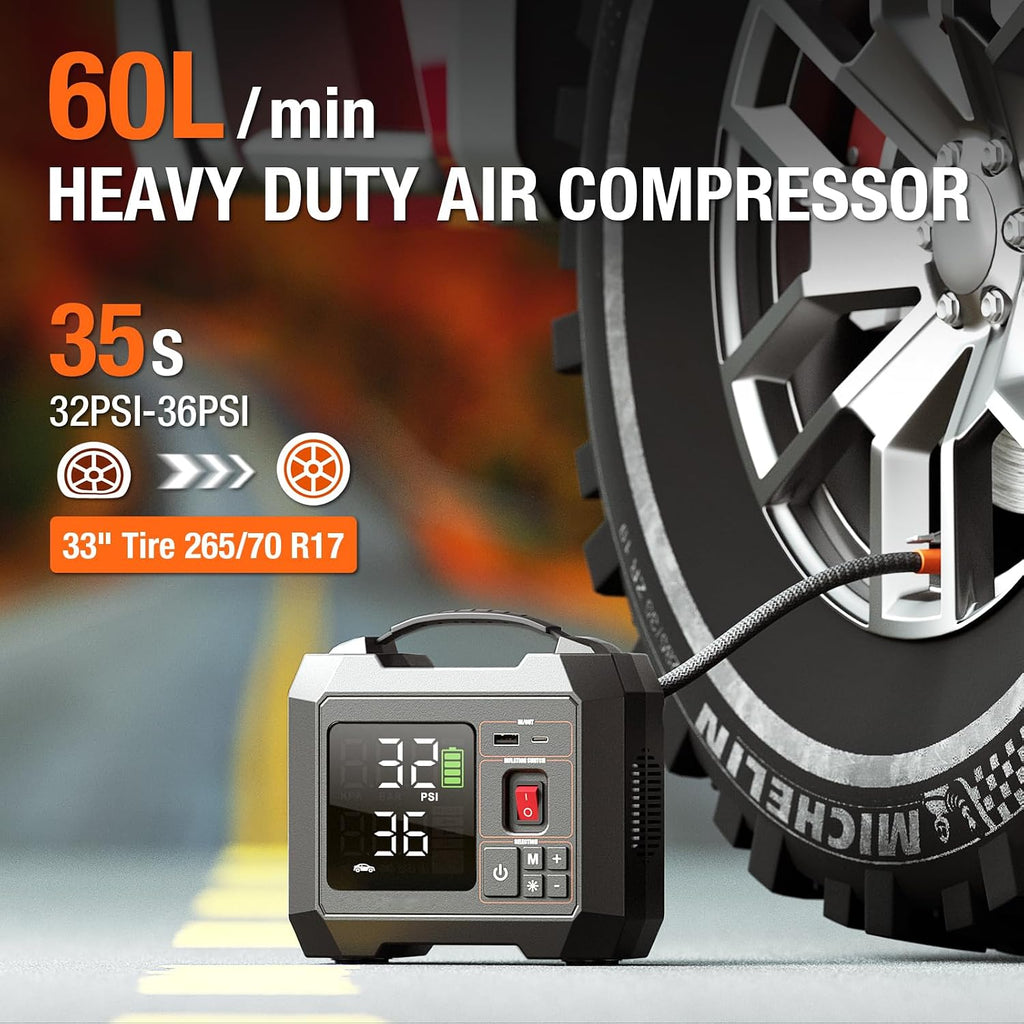 Portable Heavy-Duty Tire Inflator for Pickup Truck,Rv, 300PSI Air Compressor, 9X Faster Inflator with 3.7 Inch Digital Gauge. 5 Safety Protections and Cooling System for Truck, SUV, Cars (Dark Black)