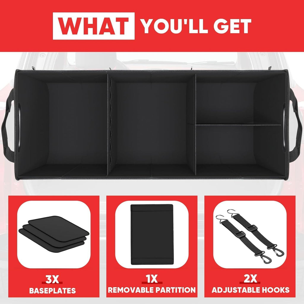 Large Trunk Organizer for Car, Collapsible Multi Compartment Car Trunk Organizer